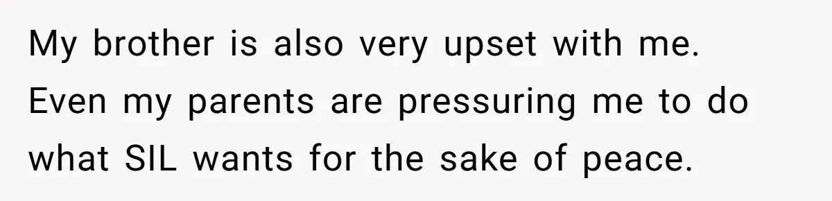 Aunt Lets Nephew Call Her Mom After His Own Parents “Got Rid” Of Him My brother is also very upset with me. Even my parents are pressuring me to do what SIL wants for the sake of peace.