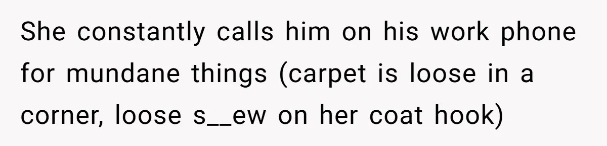Wife Snapped After Husband Gave His Number To A Flirty Colleague She constantly calls him on his work phone for mundane things (carpet is loose in a corner, loose s__ew on her coat hook)