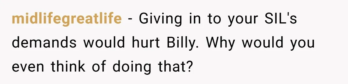 Aunt Lets Nephew Call Her Mom After His Own Parents “Got Rid” Of Him midlifegreatlife − Giving in to your SIL's demands would hurt Billy. Why would you even think of doing that?