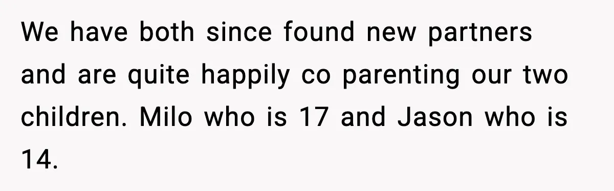 We have both since found new partners and are quite happily co parenting our two children. Milo who is 17 and Jason who is 14.