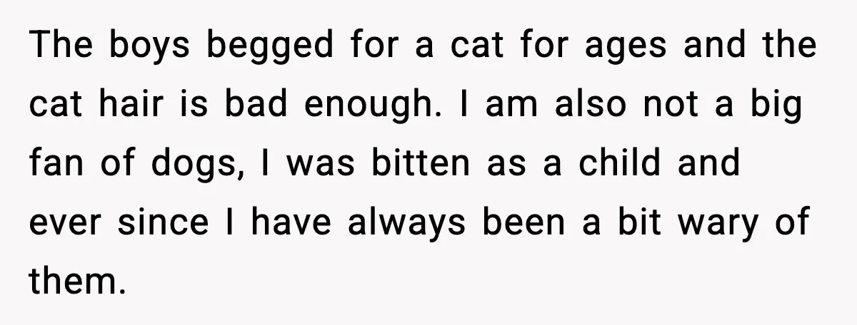 The boys begged for a cat for ages and the cat hair is bad enough. I am also not a big fan of dogs, I was bitten as a child...