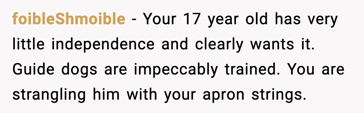 foibleShmoible - Your 17 year old has very little independence and clearly wants it. Guide dogs are impeccably trained. You are strangling him with your apron strings.