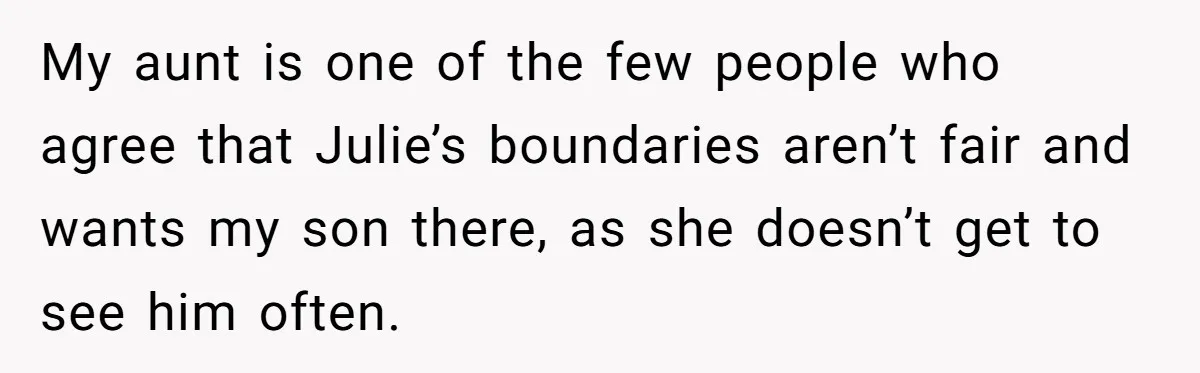 My aunt is one of the few people who agree that Julie’s boundaries aren’t fair and wants my son there, as she doesn’t get to see him often.