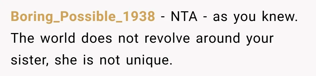 Boring_Possible_1938 − NTA - as you knew. The world does not revolve around your sister, she is not unique.