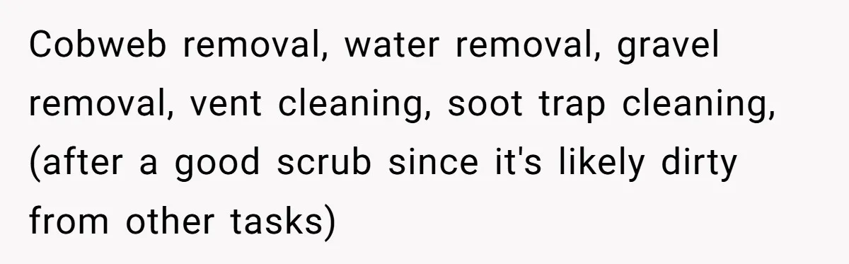 Cobweb removal, water removal, gravel removal, vent cleaning, soot trap cleaning, (after a good scrub since it's likely dirty from other tasks)