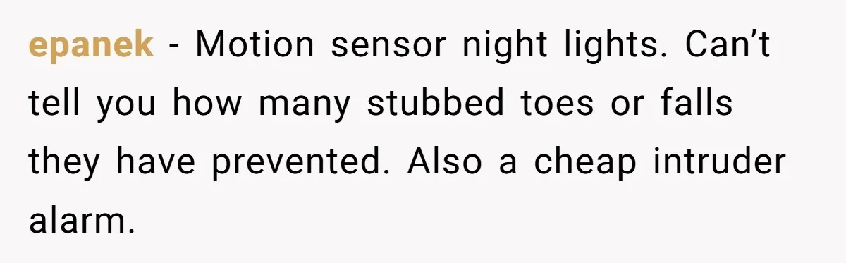 epanek − Motion sensor night lights. Can’t tell you how many stubbed toes or falls they have prevented. Also a cheap intruder alarm.