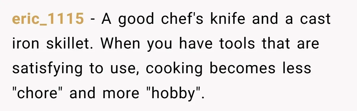 eric_1115 − A good chef's knife and a cast iron skillet. When you have tools that are satisfying to use, cooking becomes less "chore" and more "hobby".