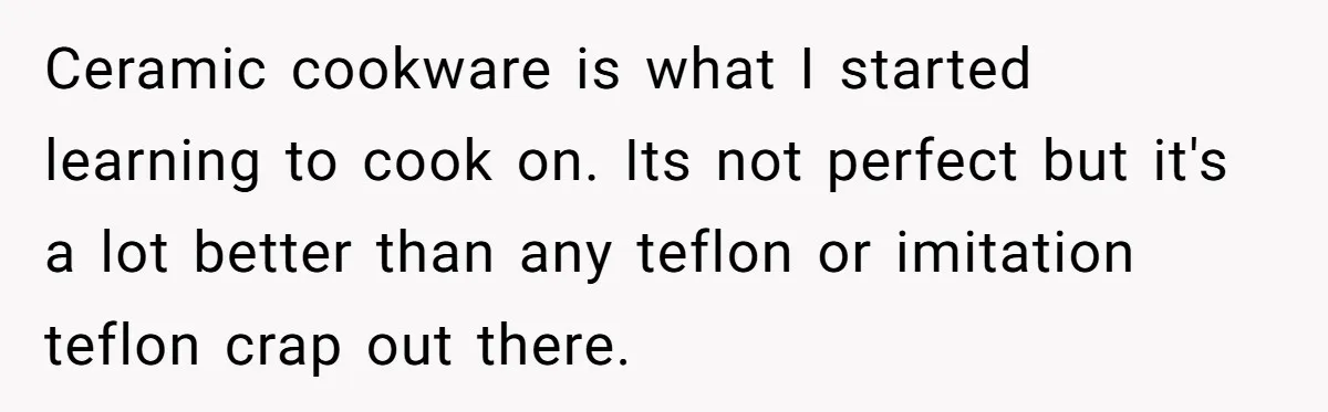 Ceramic cookware is what I started learning to cook on. Its not perfect but it's a lot better than any teflon or imitation teflon crap out there.
