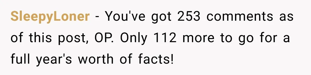 SleepyLoner − You've got 253 comments as of this post, OP. Only 112 more to go for a full year's worth of facts!