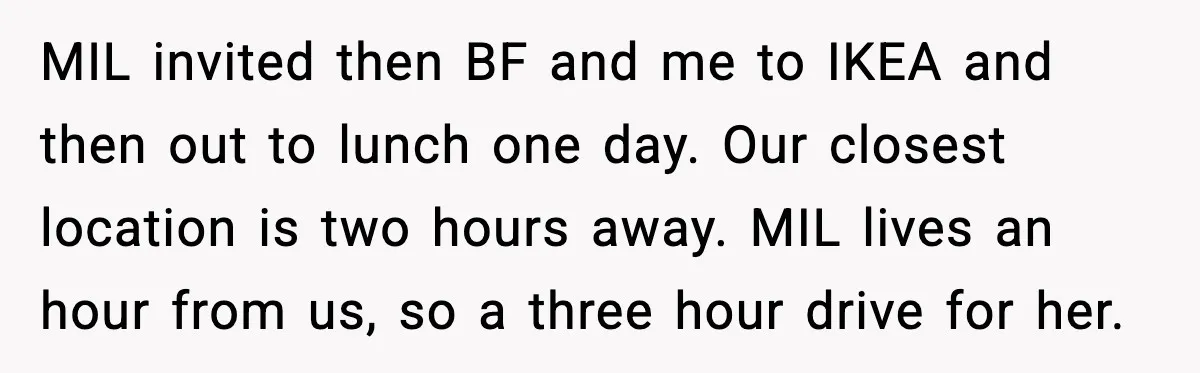 MIL invited then BF and me to IKEA and then out to lunch one day. Our closest location is two hours away. MIL lives an hour from us, so a...
