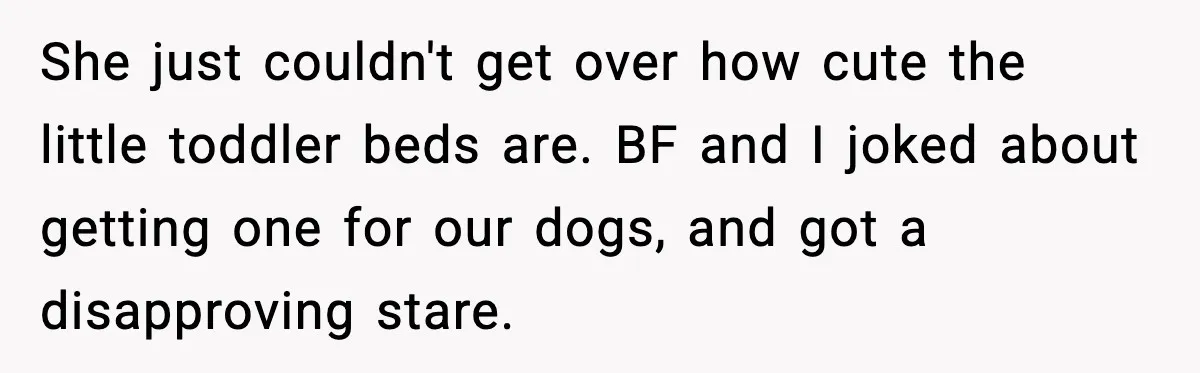 She just couldn't get over how cute the little toddler beds are. BF and I joked about getting one for our dogs, and got a disapproving stare.