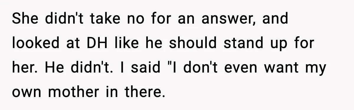She didn't take no for an answer, and looked at DH like he should stand up for her. He didn't. I said "I don't even want my own mother in...