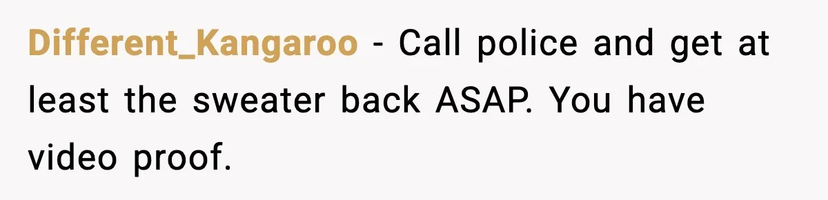 Different_Kangaroo - Call police and get at least the sweater back ASAP. You have video proof.