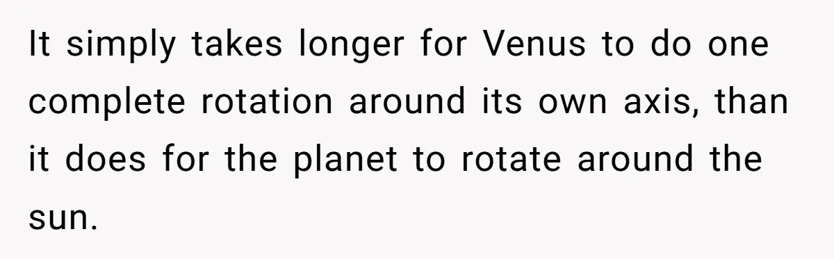 It simply takes longer for Venus to do one complete rotation around its own axis, than it does for the planet to rotate around the sun.