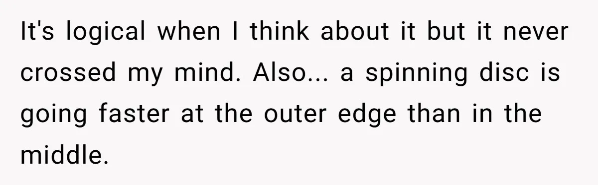 It's logical when I think about it but it never crossed my mind. Also... a spinning disc is going faster at the outer edge than in the middle.