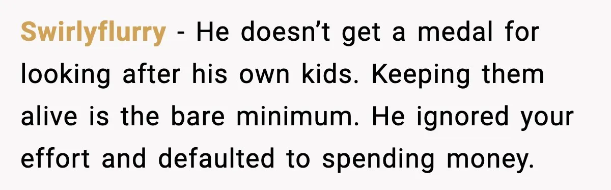 She Prepped a Week of Meals, He Ordered Takeout and Called It Parenting Swirlyflurry - He doesn’t get a medal for looking after his own kids. Keeping them alive is the bare minimum. He ignored your effort and defaulted to spending money.