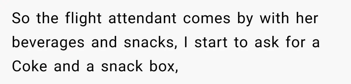 So the flight attendant comes by with her beverages and snacks, I start to ask for a Coke and a snack box,