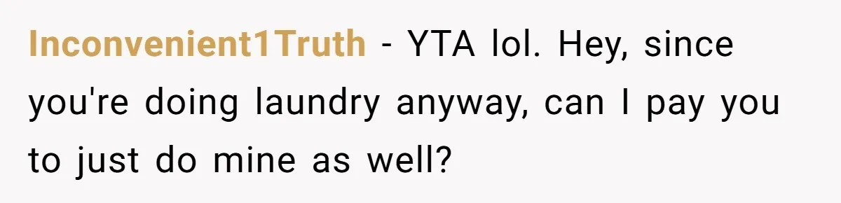 Inconvenient1Truth − YTA lol. Hey, since you're doing laundry anyway, can I pay you to just do mine as well?