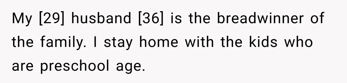 My [29] husband [36] is the breadwinner of the family. I stay home with the kids who are preschool age.