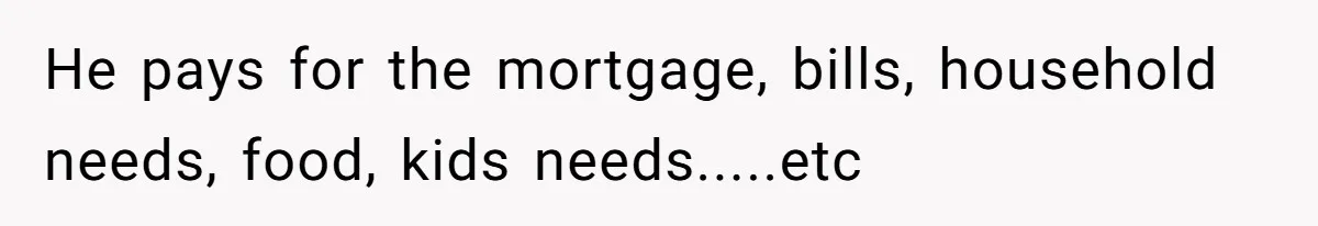 He pays for the mortgage, bills, household needs, food, kids needs.....etc