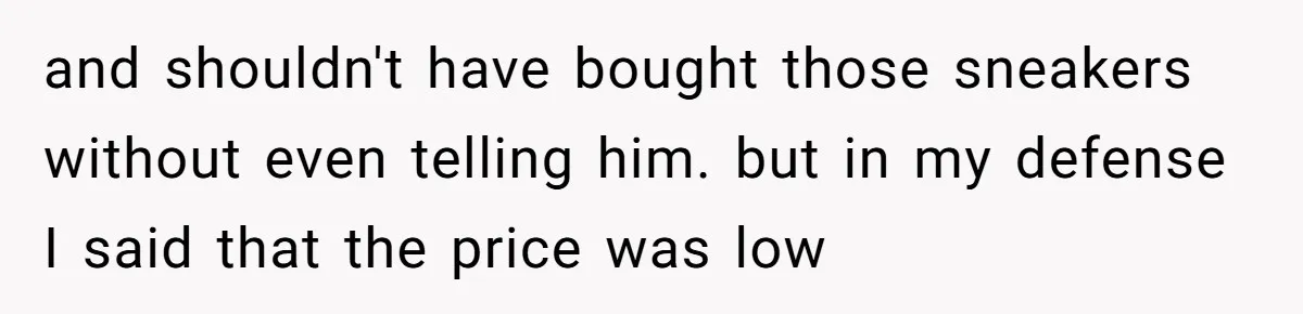 and shouldn't have bought those sneakers without even telling him. but in my defense I said that the price was low