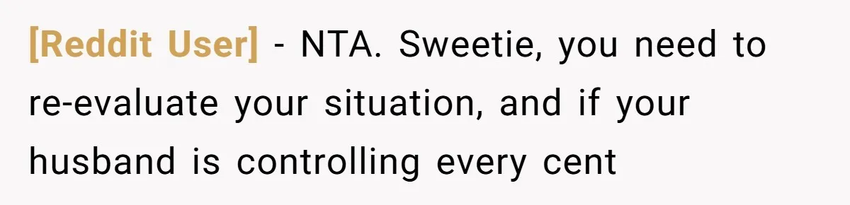 [Reddit User] − NTA. Sweetie, you need to re-evaluate your situation, and if your husband is controlling every cent