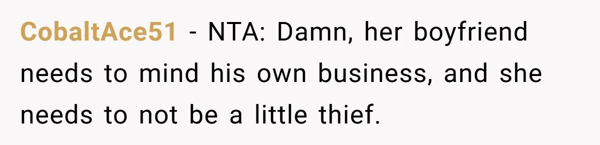 CobaltAce51 − NTA: Damn, her boyfriend needs to mind his own business, and she needs to not be a little thief.