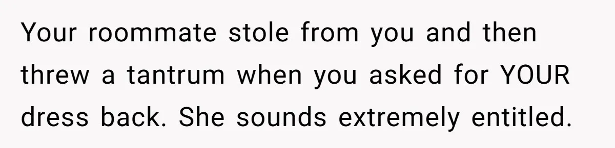 Your roommate stole from you and then threw a tantrum when you asked for YOUR dress back. She sounds extremely entitled.