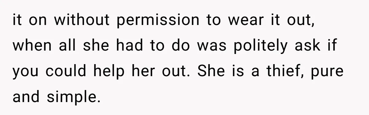 it on without permission to wear it out, when all she had to do was politely ask if you could help her out. She is a thief, pure and simple.