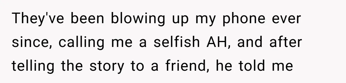 They've been blowing up my phone ever since, calling me a selfish AH, and after telling the story to a friend, he told me