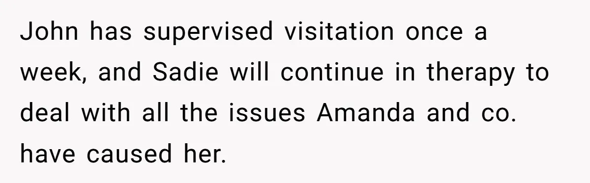 John has supervised visitation once a week, and Sadie will continue in therapy to deal with all the issues Amanda and co. have caused her.