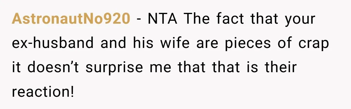 AstronautNo920 − NTA The fact that your ex-husband and his wife are pieces of crap it doesn’t surprise me that that is their reaction!