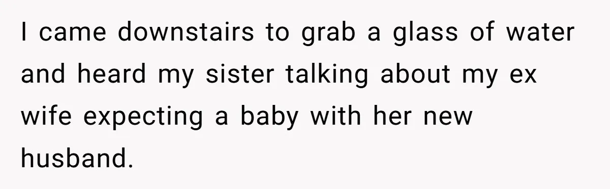 I came downstairs to grab a glass of water and heard my sister talking about my ex wife expecting a baby with her new husband.