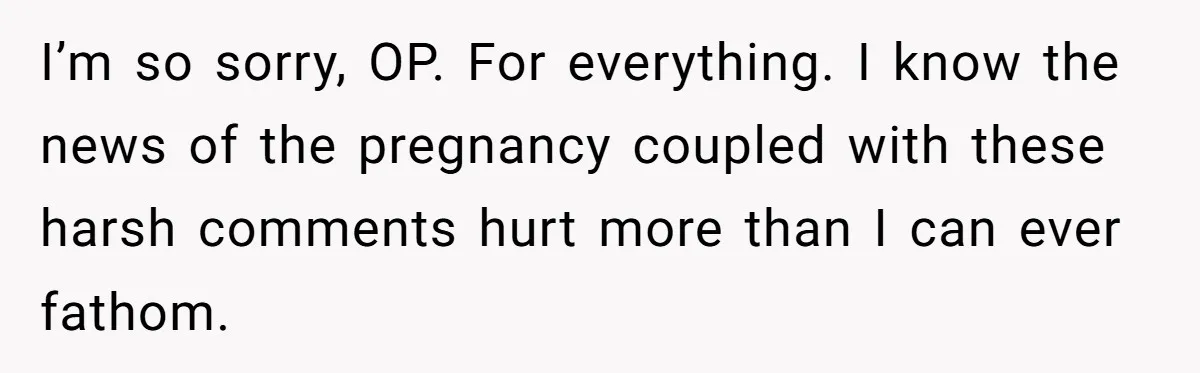 I’m so sorry, OP. For everything. I know the news of the pregnancy coupled with these harsh comments hurt more than I can ever fathom.