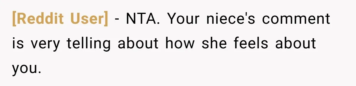 [Reddit User] − NTA. Your niece's comment is very telling about how she feels about you.
