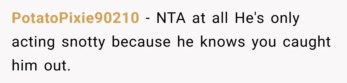 PotatoPixie90210 − NTA at all He's only acting snotty because he knows you caught him out.