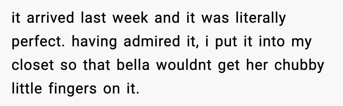 it arrived last week and it was literally perfect. having admired it, i put it into my closet so that bella wouldnt get her chubby little fingers on it.