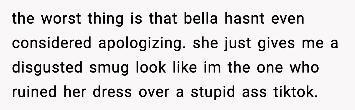 the worst thing is that bella hasnt even considered apologizing. she just gives me a disgusted smug look like im the one who ruined her dress over a stupid ass...