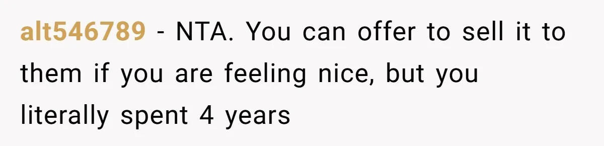 alt546789 − NTA. You can offer to sell it to them if you are feeling nice, but you literally spent 4 years