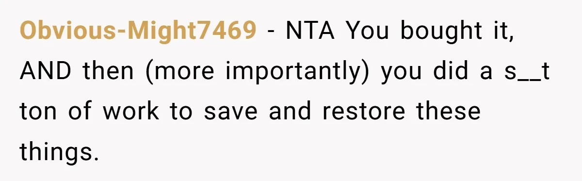 Obvious-Might7469 − NTA You bought it, AND then (more importantly) you did a s__t ton of work to save and restore these things.