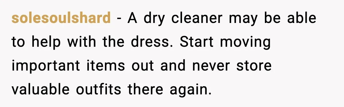 solesoulshard - A dry cleaner may be able to help with the dress. Start moving important items out and never store valuable outfits there again.