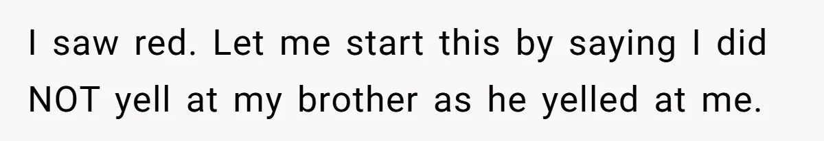 I saw red. Let me start this by saying I did NOT yell at my brother as he yelled at me.