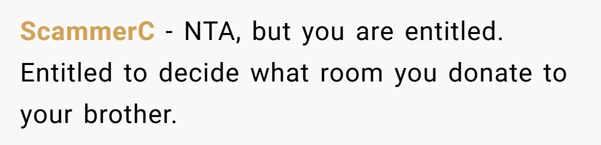 ScammerC − NTA, but you are entitled. Entitled to decide what room you donate to your brother.