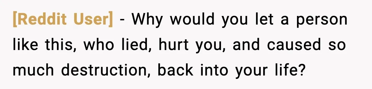 [Reddit User] - Why would you let a person like this, who lied, hurt you, and caused so much destruction, back into your life?