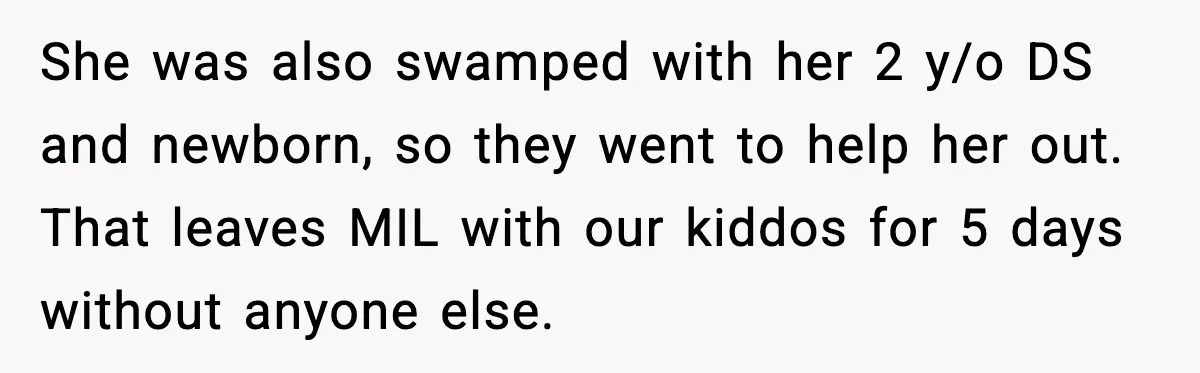 She was also swamped with her 2 y/o DS and newborn, so they went to help her out. That leaves MIL with our kiddos for 5 days without anyone else.