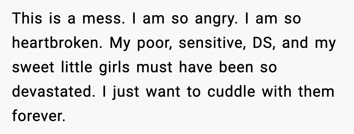 This is a mess. I am so angry. I am so heartbroken. My poor, sensitive, DS, and my sweet little girls must have been so devastated. I just want to...