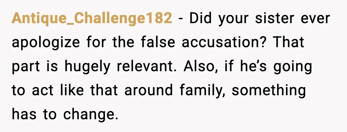 Antique_Challenge182 − Did your sister ever apologize for the false accusation? That part is hugely relevant. Also, if he’s going to act like that around family, something has to change.