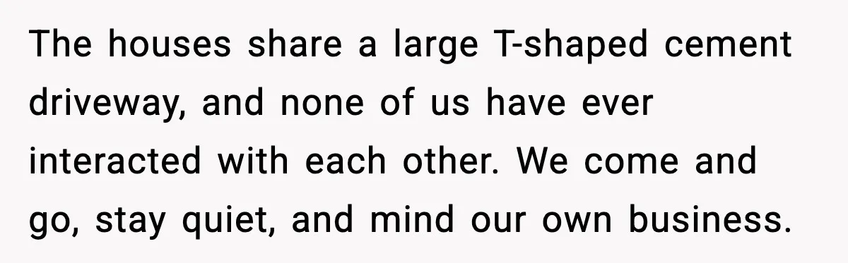 The houses share a large T-shaped cement driveway, and none of us have ever interacted with each other. We come and go, stay quiet, and mind our own business.