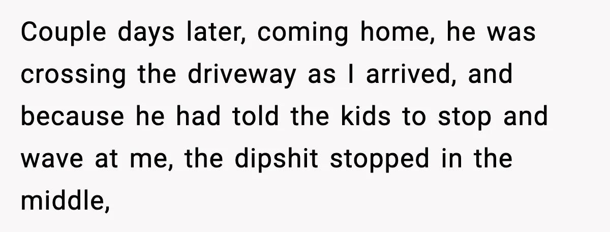 Couple days later, coming home, he was crossing the driveway as I arrived, and because he had told the kids to stop and wave at me, the dipshit stopped in...