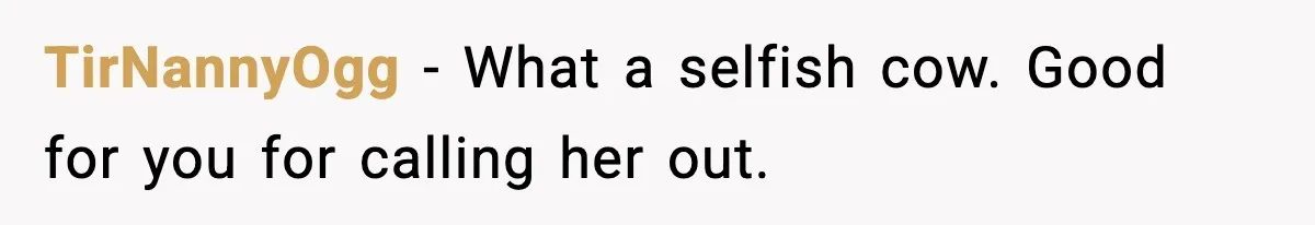 TirNannyOgg − What a selfish cow. Good for you for calling her out.